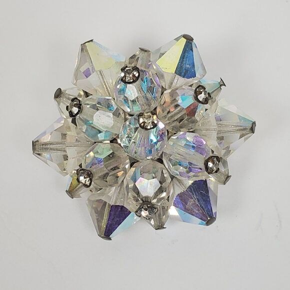 Vintage Aurora Borealis Clear AB Glass Beaded Cluster Silver Tone Brooch Pin - Picture 1 of 9
